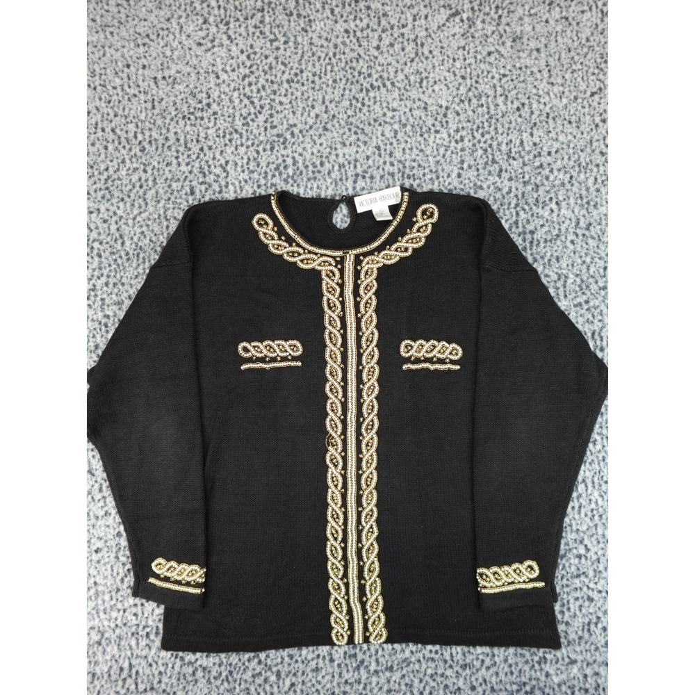 Victoria Harbour Beaded Sweater Womens Large Black Gold Faux Pearl Ramie Cotton